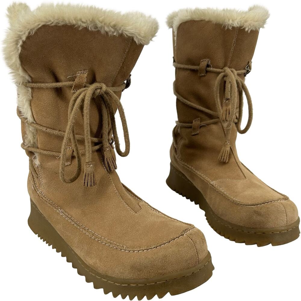 Vintage y2k Women's Tan Suede Report Caitlin Faux Fur Chunky Platform Boots 10M